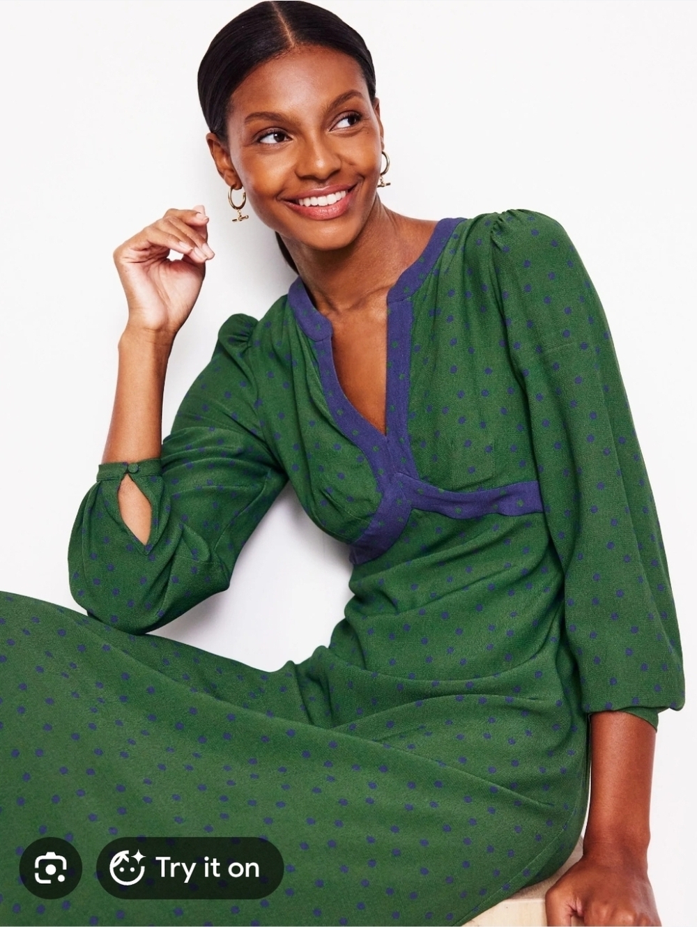 Boden Green Midi Dress with Navy Trim - Size 14R - Picture 2 of 9